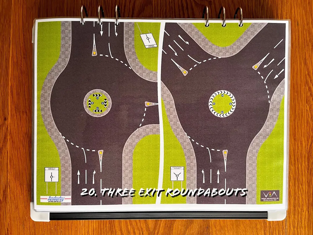 A carousel photo displaying the twenty plan named 'three exit roundabouts' out of an array of roads layouts, at full size. Consisting of two types, one with sharp bends and another with one direction signs.